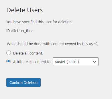 Screenshot of the Delete Users options in WordPress