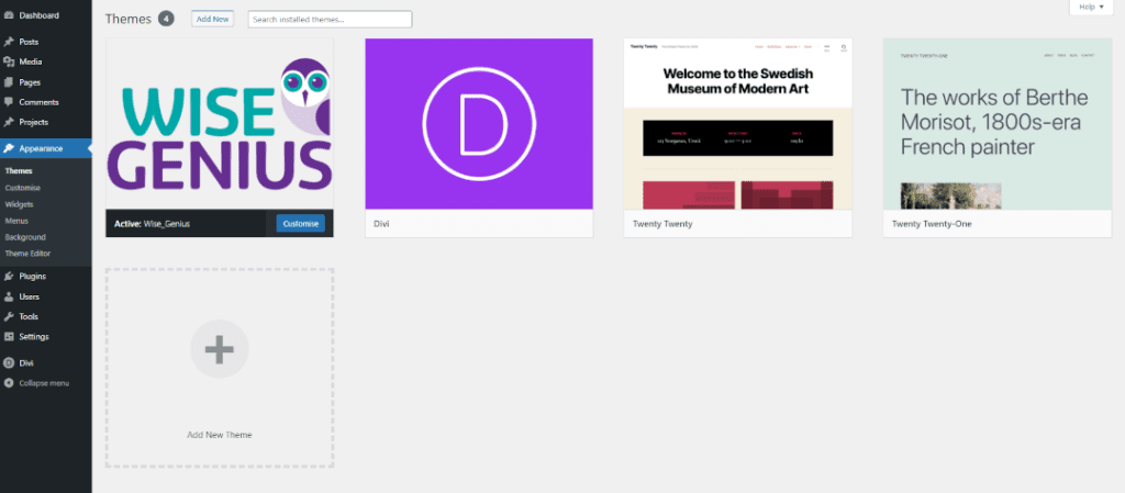 Example of themes page in WordPress Dashboard