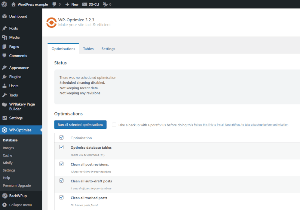 Screenshot of WP-Optimize database optimisation tasks