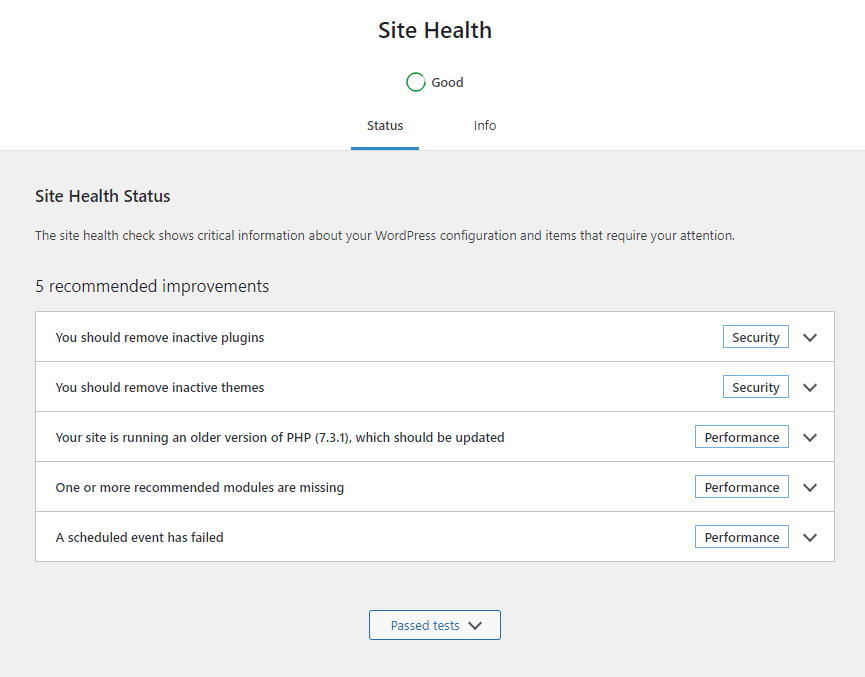 An example of the WordPress site health tool results page