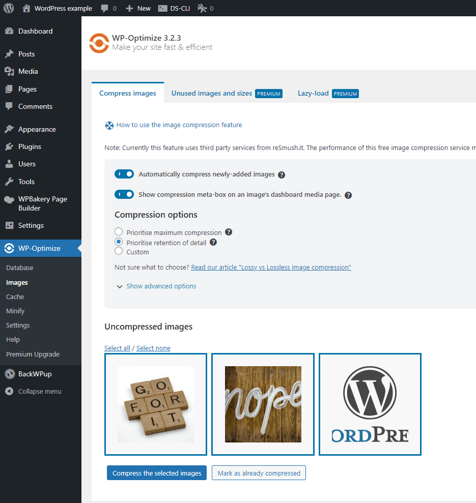Screenshot of the WP-Optimize plugin image compression options