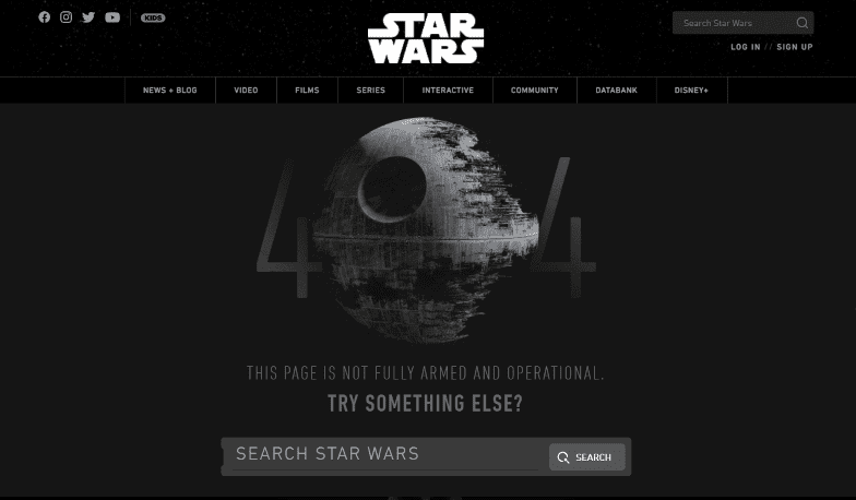 Screenshot of Star Wars website 404 page