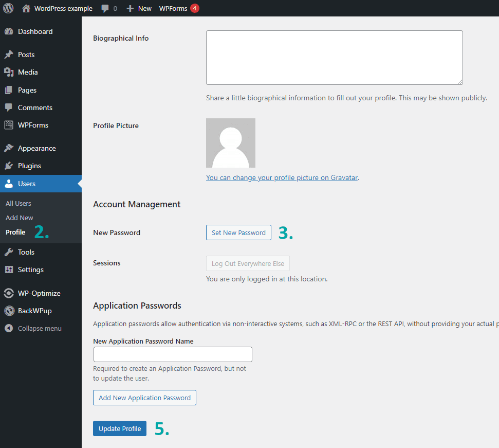 Screenshot from the WordPress dashboard showing how to update a user login password.