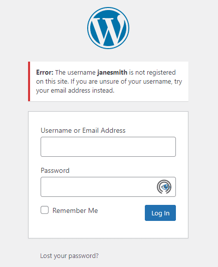 WordPress failed login message screen
