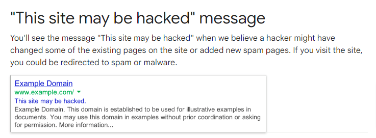 Warning message from Google about a hacked website